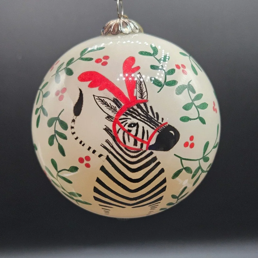 Pier 1 Li Bien 2015 Zebra Reindeer Antlers Hand Painted Glass Ornament with Box